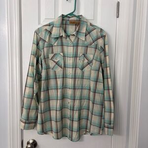 Wrangler Men’s Plaid Western Pearl Snap Shirt XL – Blue & Brown Long Sleeve